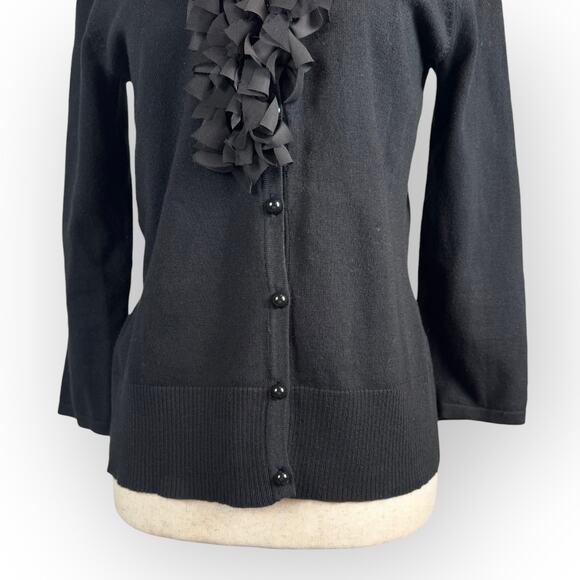Black Button Down V-Neck Cardigan with Ruffles Small - Picture 4 of 7
